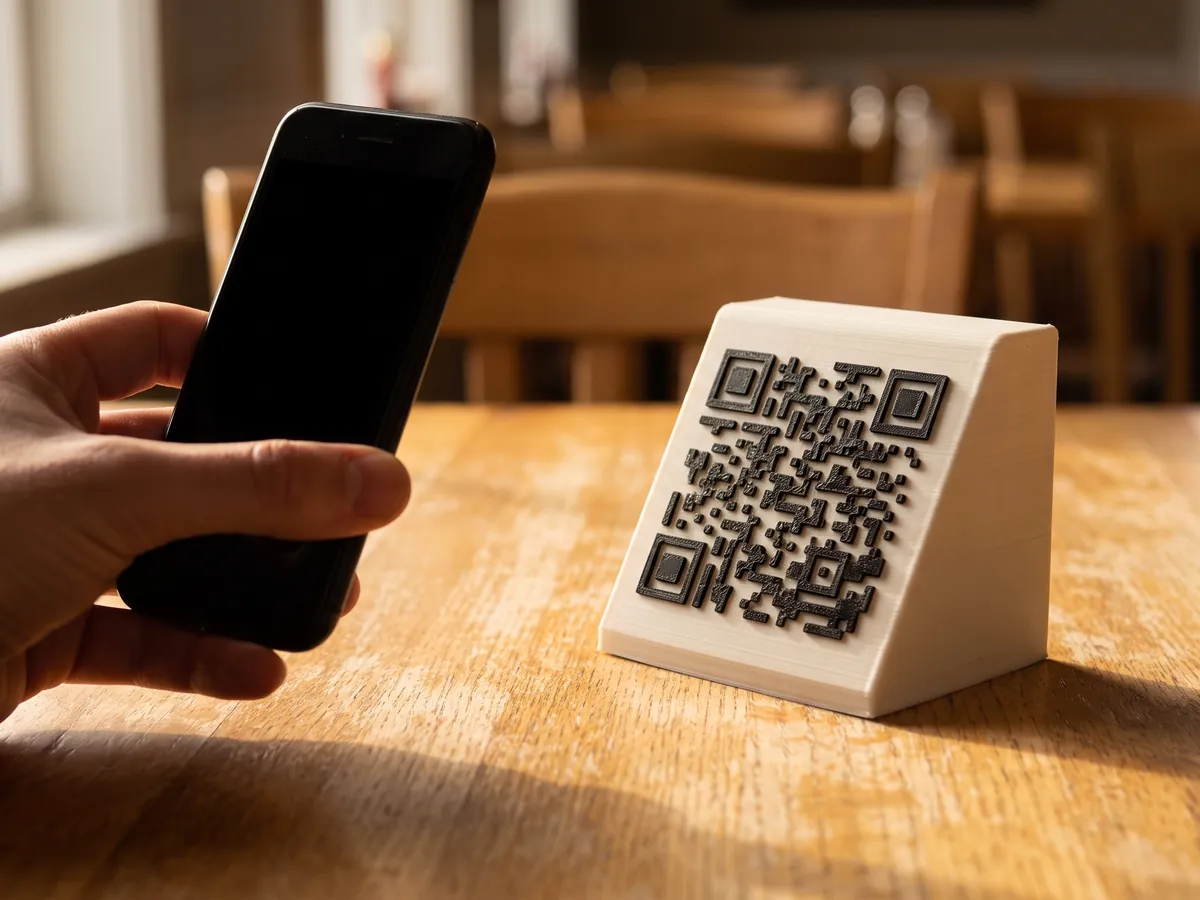 Persona acercando el móvil a un soporte impreso en 3D con un código QR, sobre la mesa de un restaurante