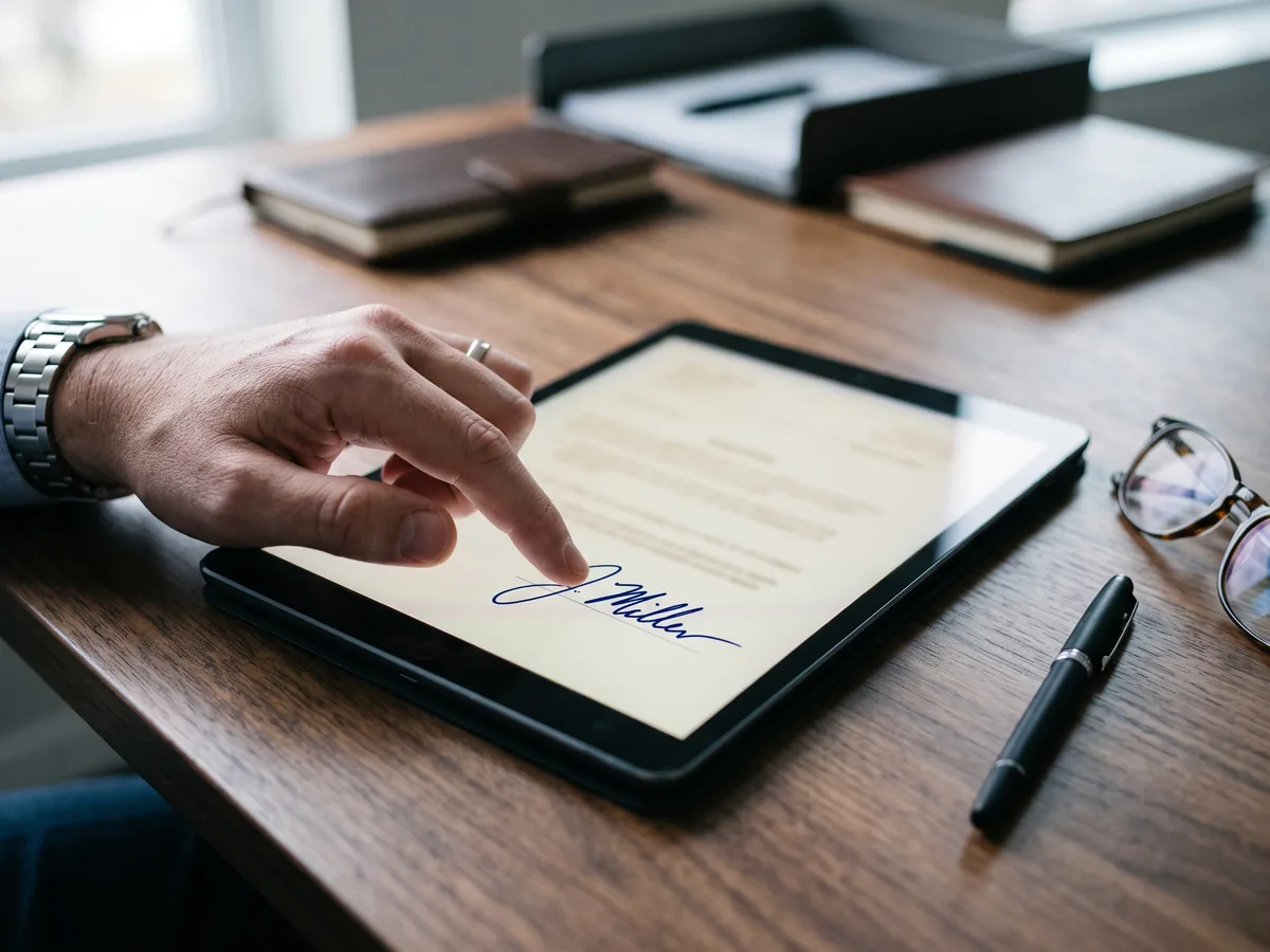 Una persona firma con el dedo sobre un documento abierto en una tableta apoyada en la mesa