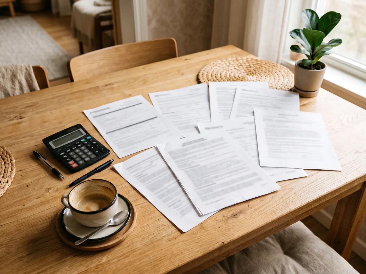 Varios documentos impresos extendidos sobre una mesa de madera, con una calculadora, un bolígrafo y una taza de café