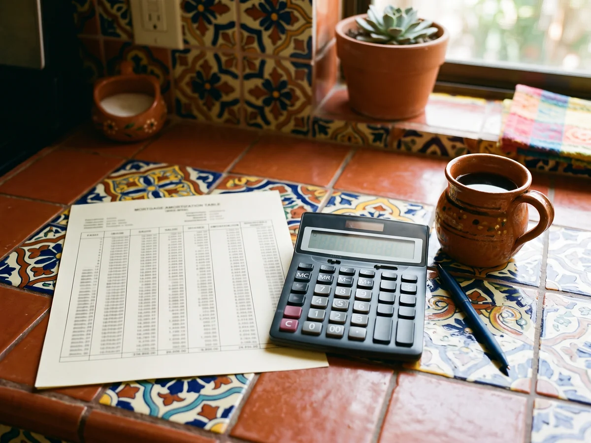 Tabla de amortización de crédito hipotecario, calculadora y taza sobre una barra de cocina con azulejos de talavera de colores