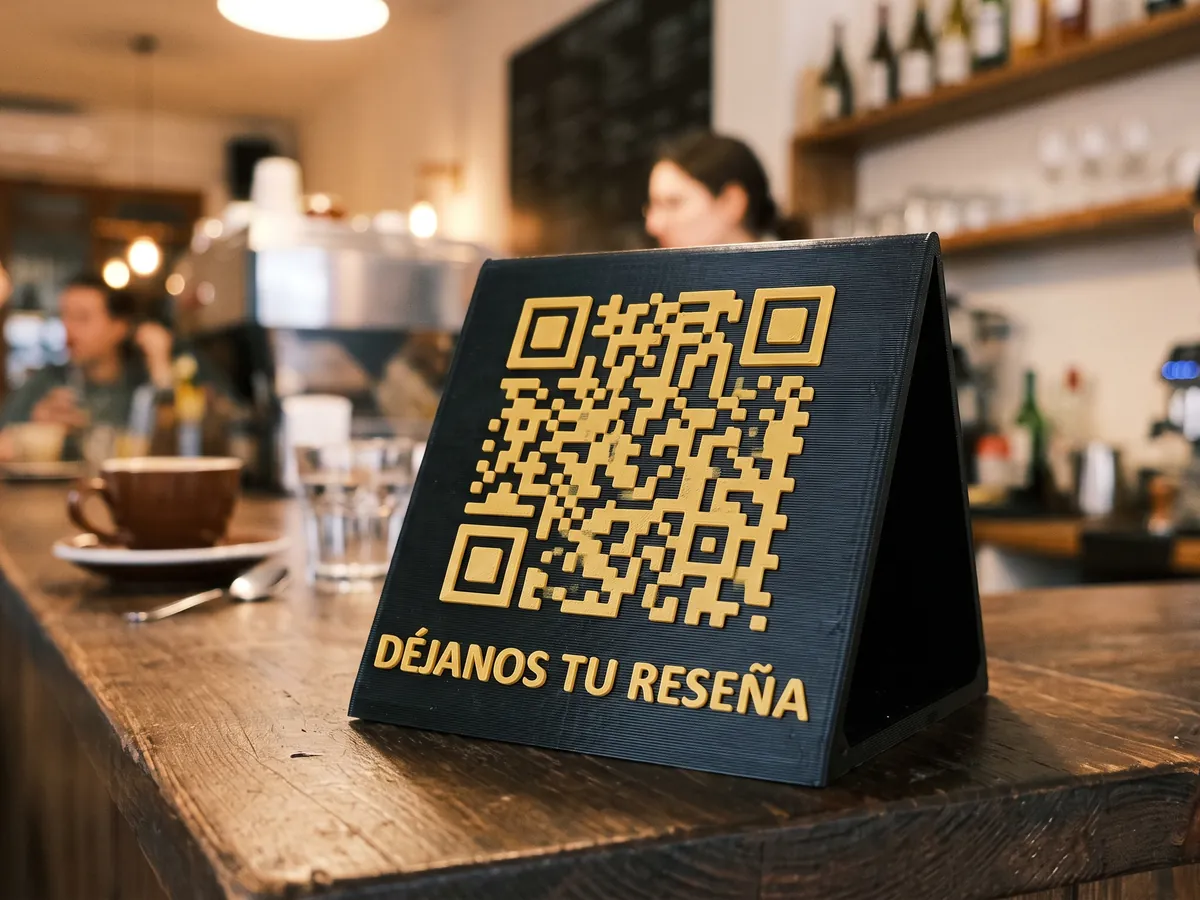 Soporte impreso en 3D con el texto «déjanos tu reseña» sobre el mostrador de una cafetería