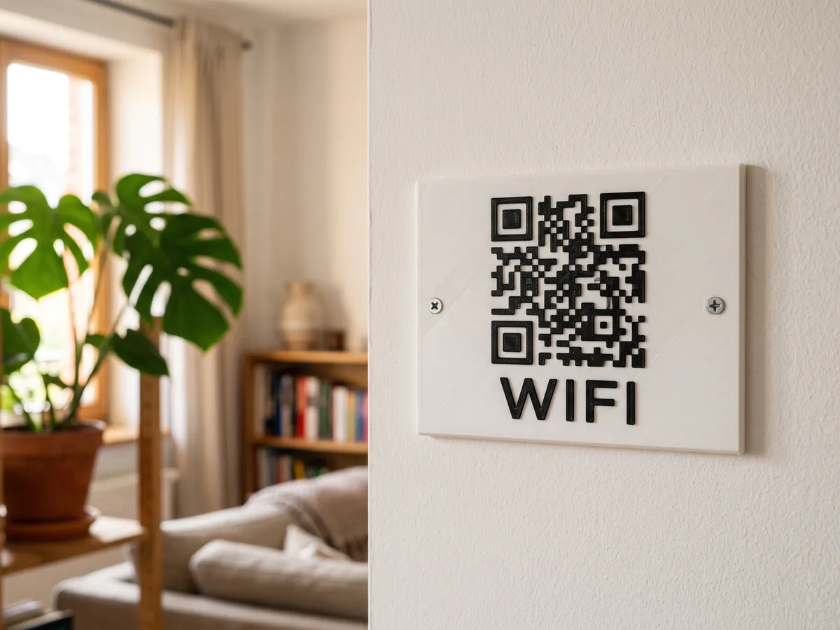 Placa impresa en 3D con el código del wifi colgada en la pared de un apartamento