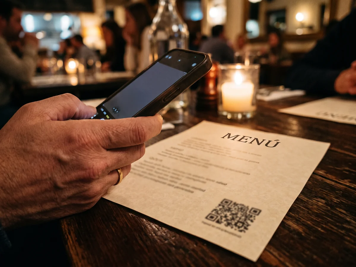 Mano sosteniendo un móvil en ángulo, escaneando el código QR impreso en la esquina de una carta de restaurante