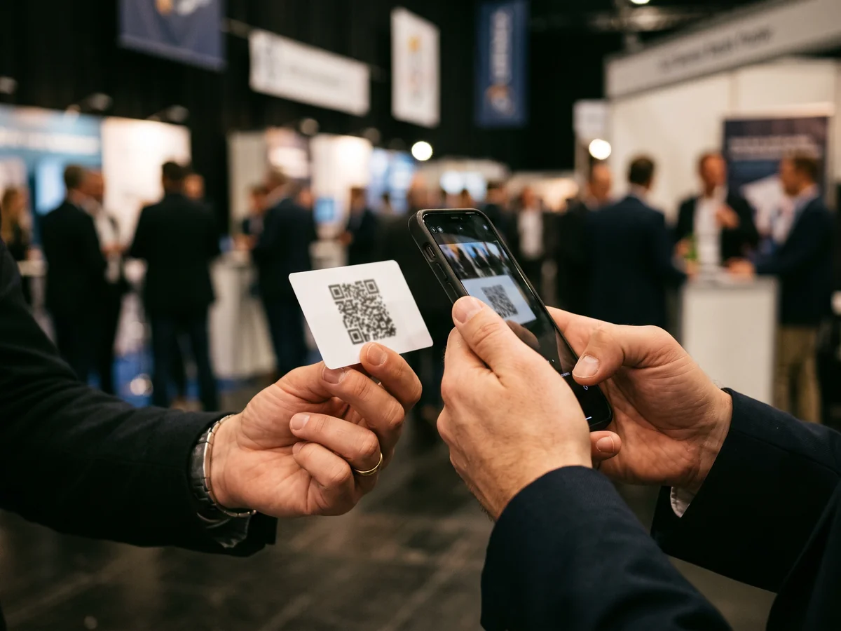 Dos personas en una feria profesional, una escaneando con el móvil el código QR de una tarjeta de presentación