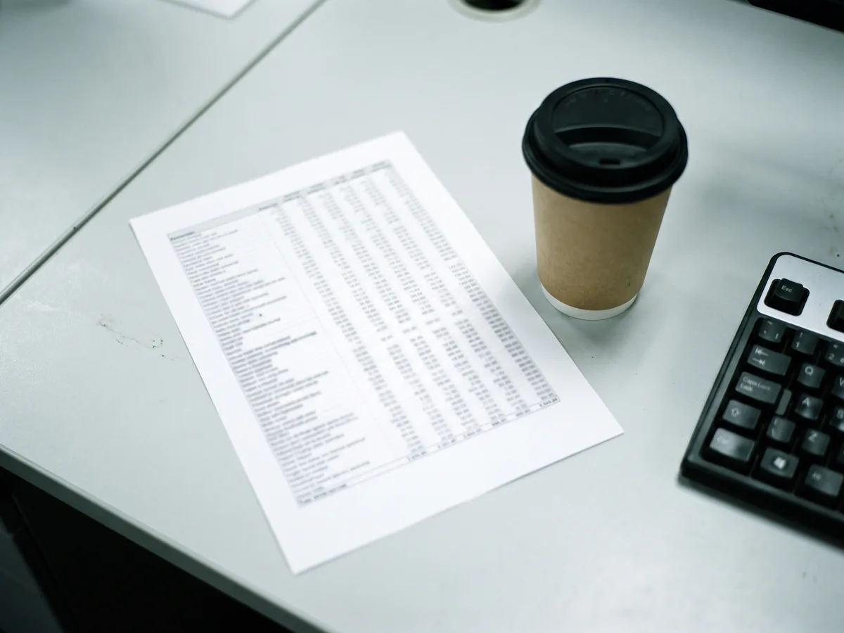 Una hoja impresa con una tabla densa de importes sobre una mesa de oficina gris, junto a un vaso de café para llevar y un teclado